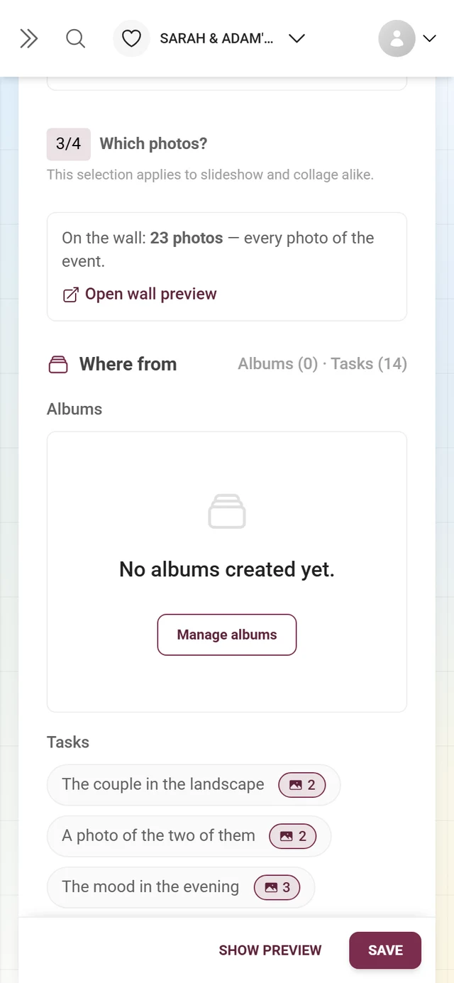 Section 3/4 Which photos, with albums, tasks and media type