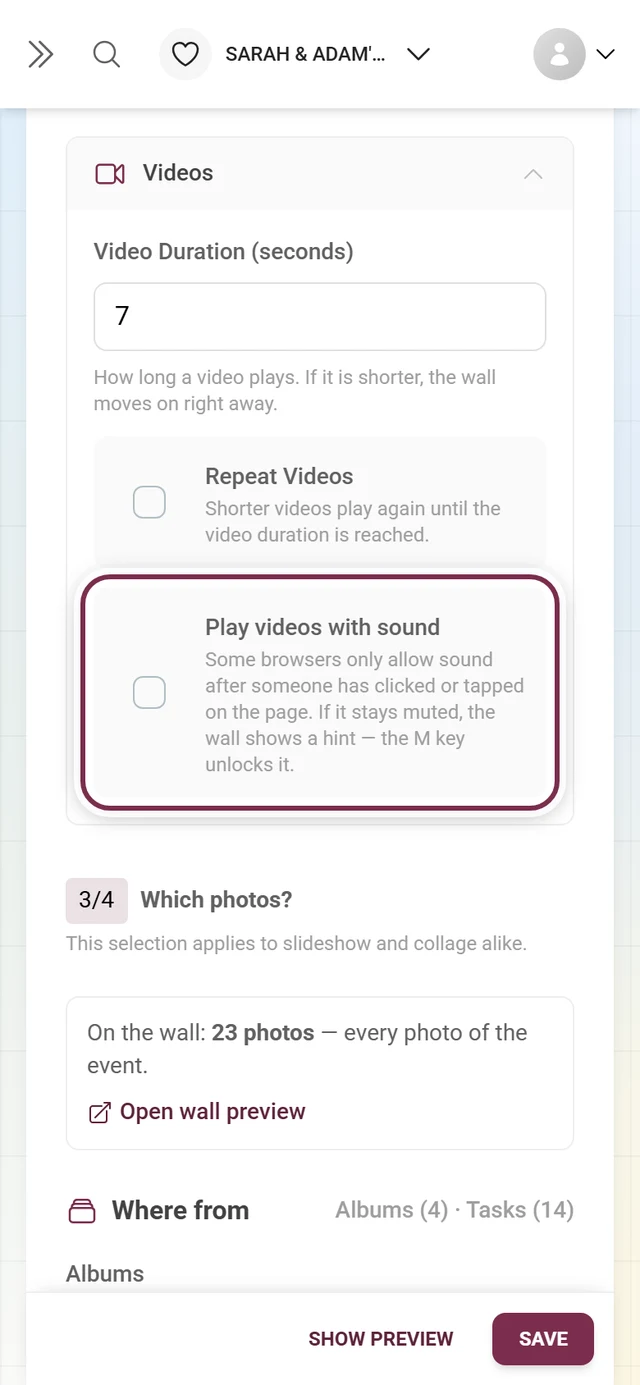 Expanded Videos section with the switch Play videos with sound highlighted