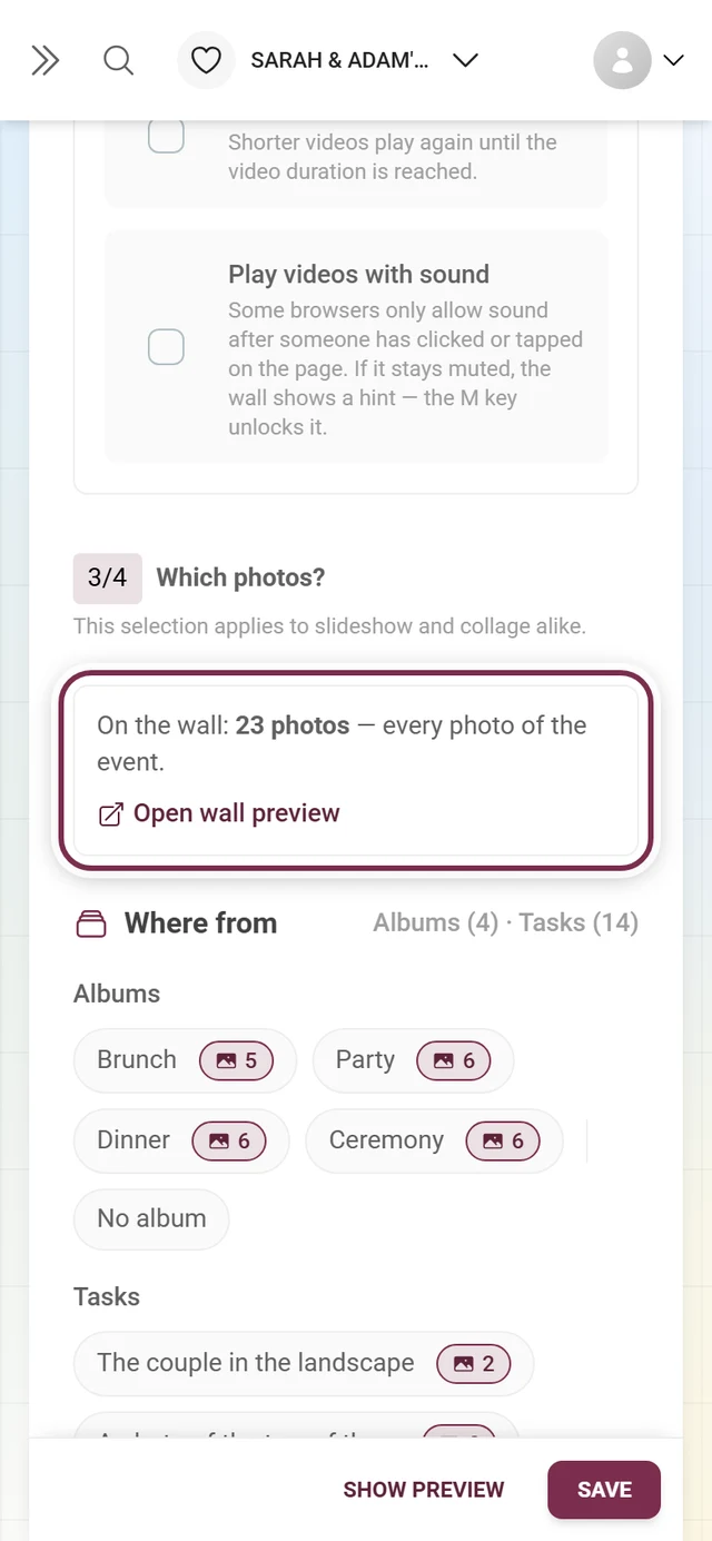 Header of the Which photos question showing the On the wall line and the active restrictions