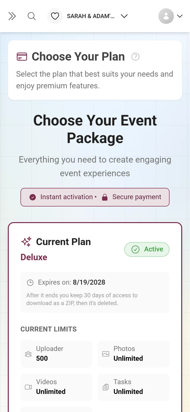 The host's plan area with the current package and its limits