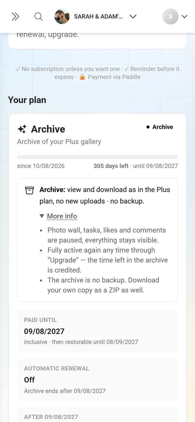 Your plan card in the archive with a violet border, the Archive pill, the term bar and the expanded note about the archive