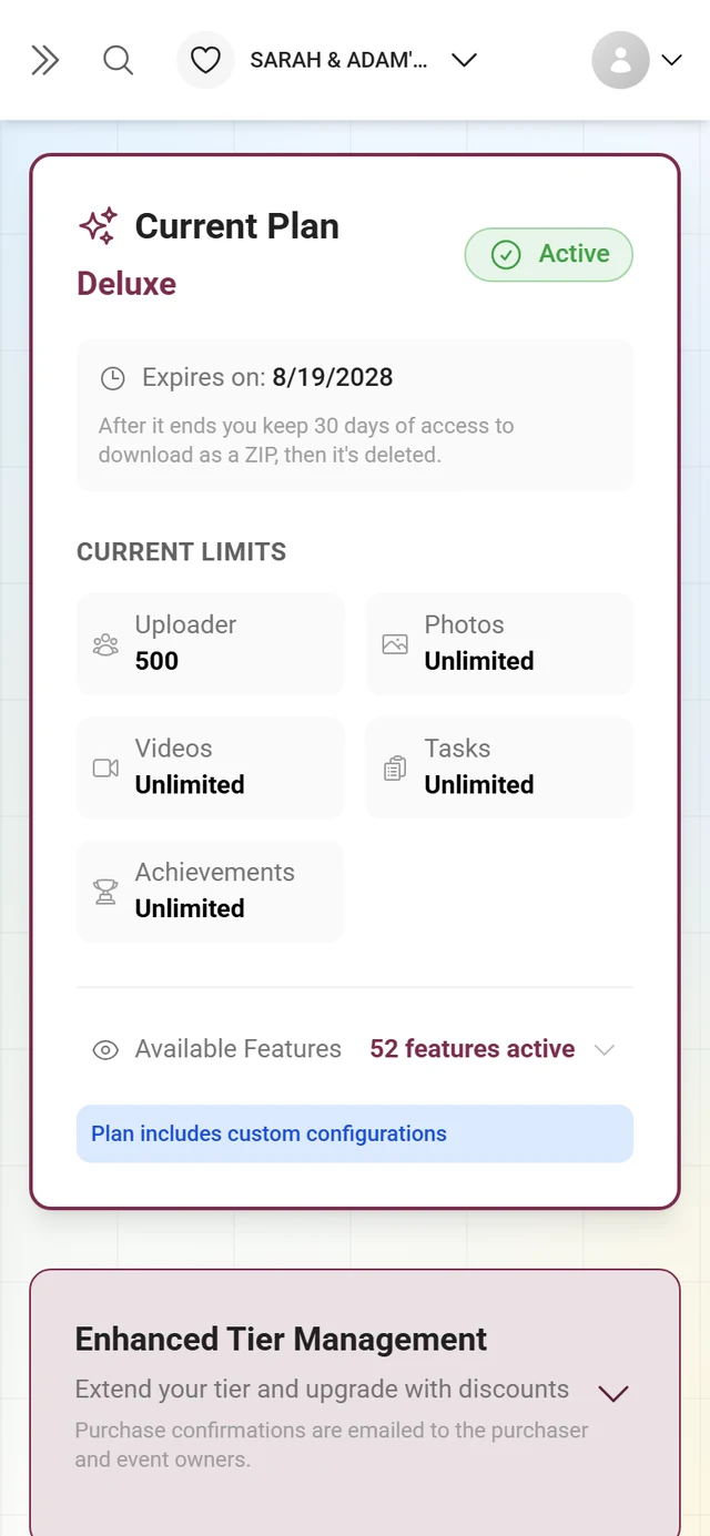 Current plan card with the package name, expiry date and limits