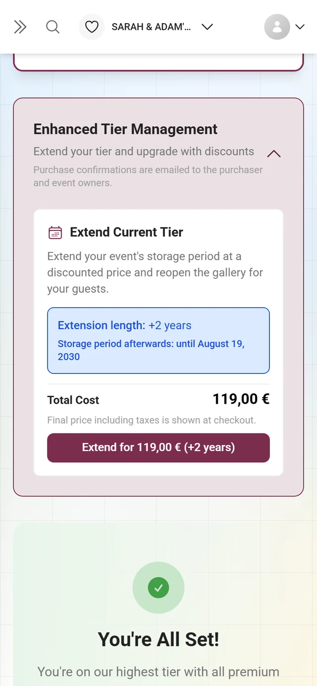 Expanded Enhanced Tier Management box with extension length, result date, total cost and purchase button