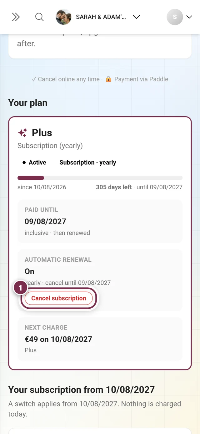 Your plan card with the Active and Subscription · yearly pills, the tiles Automatic renewal On and Next charge, and the Cancel subscription button