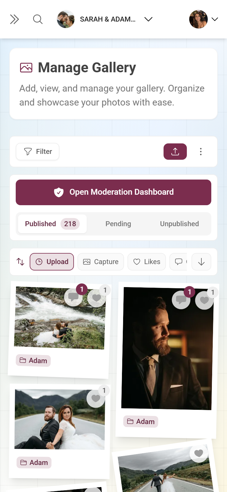 Recycle bin view with statistics tiles and a list of deleted photos