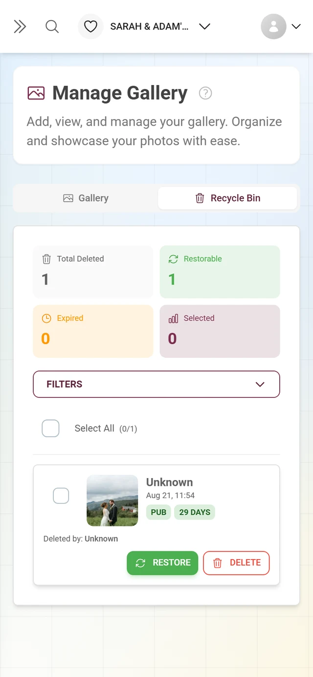 Recycle bin view with statistics tiles and a list of deleted photos