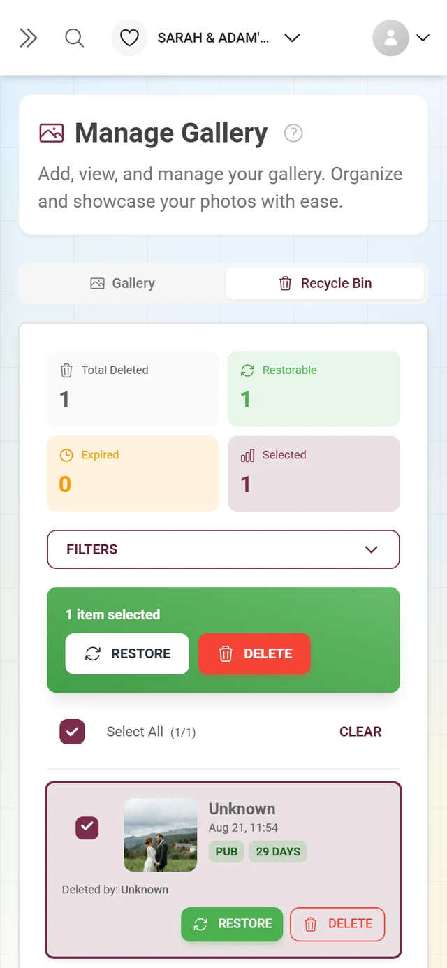 Recycle bin with one item marked and the green action bar showing Bulk Restore and Bulk Delete