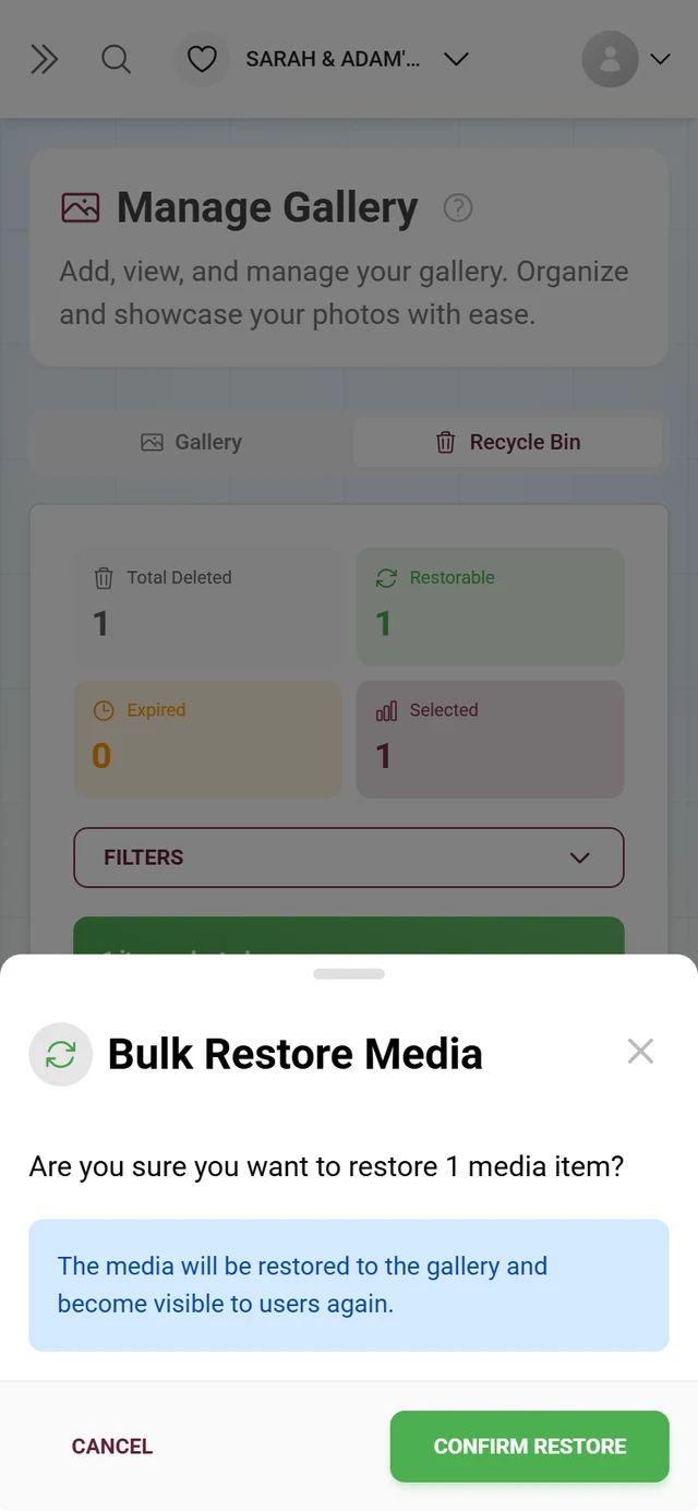 Bulk Restore Media dialog with the item count and a blue info box