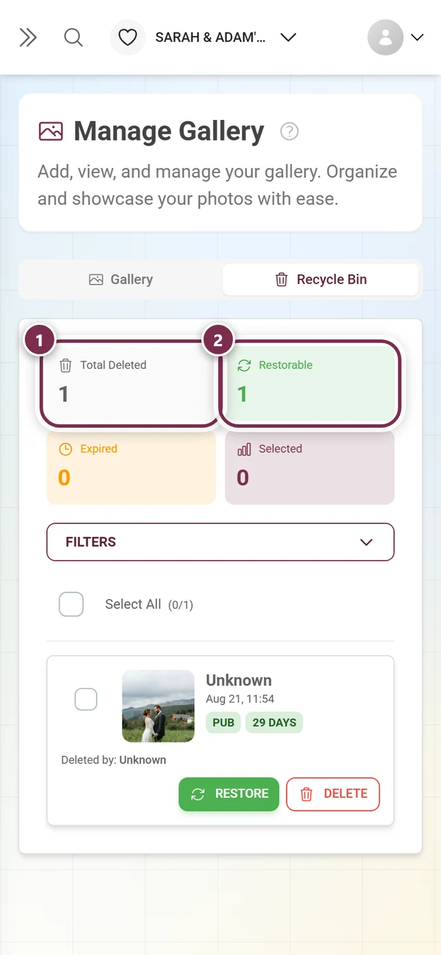 Recycle bin statistic tiles with Total Deleted and Restorable highlighted
