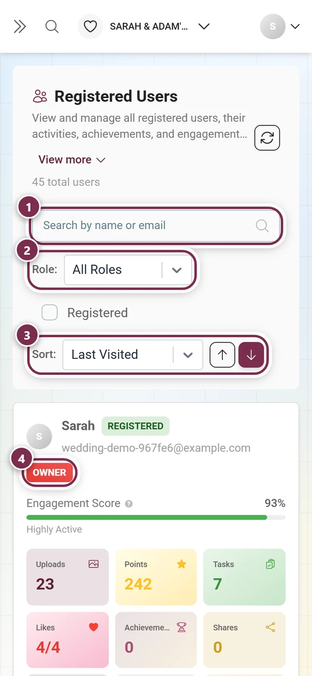 Attendee list as cards with the search field, role filter, sorting and a card's role chip highlighted