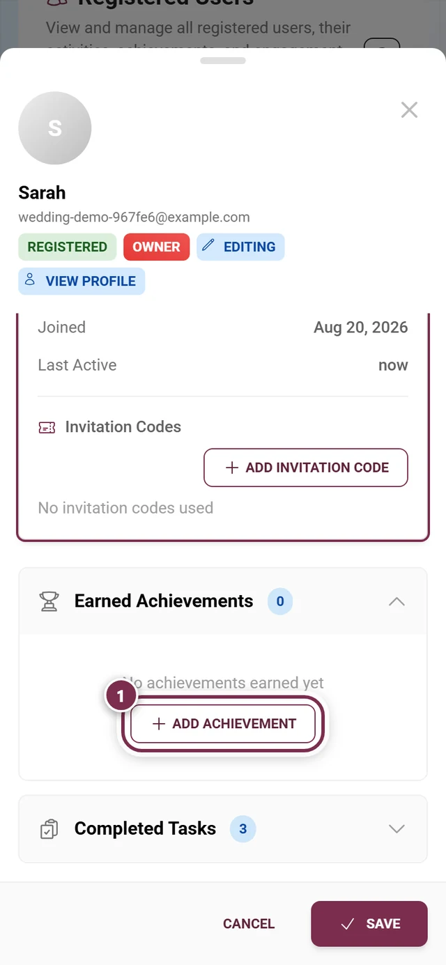 Achievements block in the participant dialog with the add achievement button highlighted