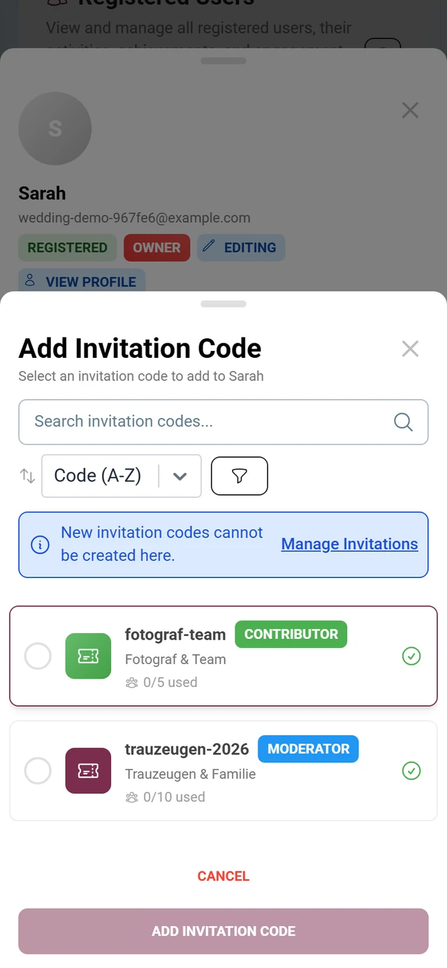 Add Invitation Code dialog with search field, sorting, info banner and two selectable codes with role chips