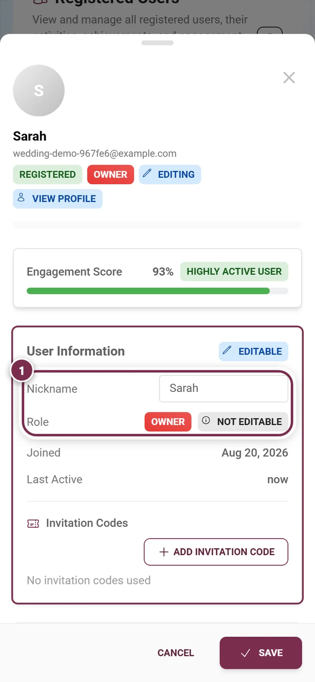 Participant detail dialog in edit mode with the role row highlighted