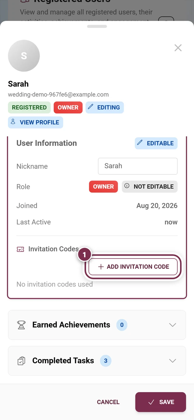 Invitation codes block in the participant dialog with the add button highlighted