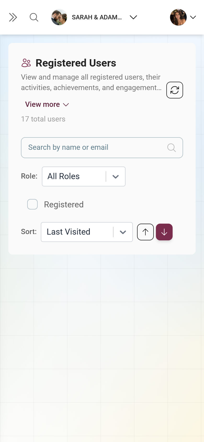 Attendee list in table view with columns for user, email, role and further details