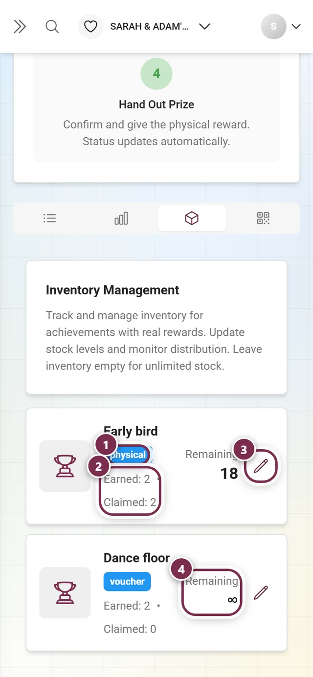 Inventory tab with reward type chip, counters, pencil icon and unlimited stock highlighted