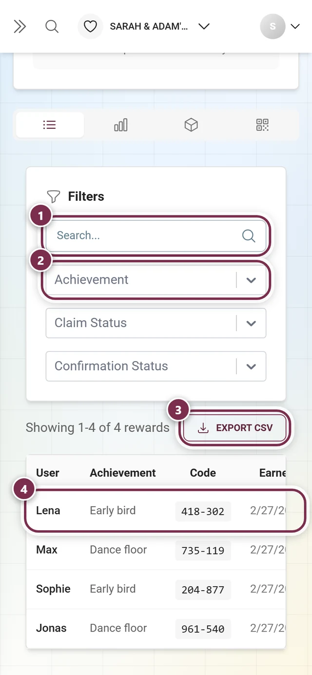 The host's reward list with winners and status