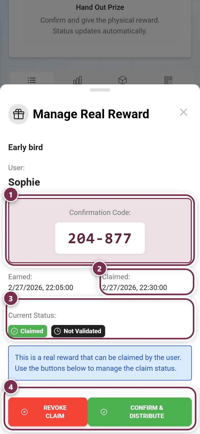 Manage Real Reward dialog with code, claim date, status chips and both buttons highlighted
