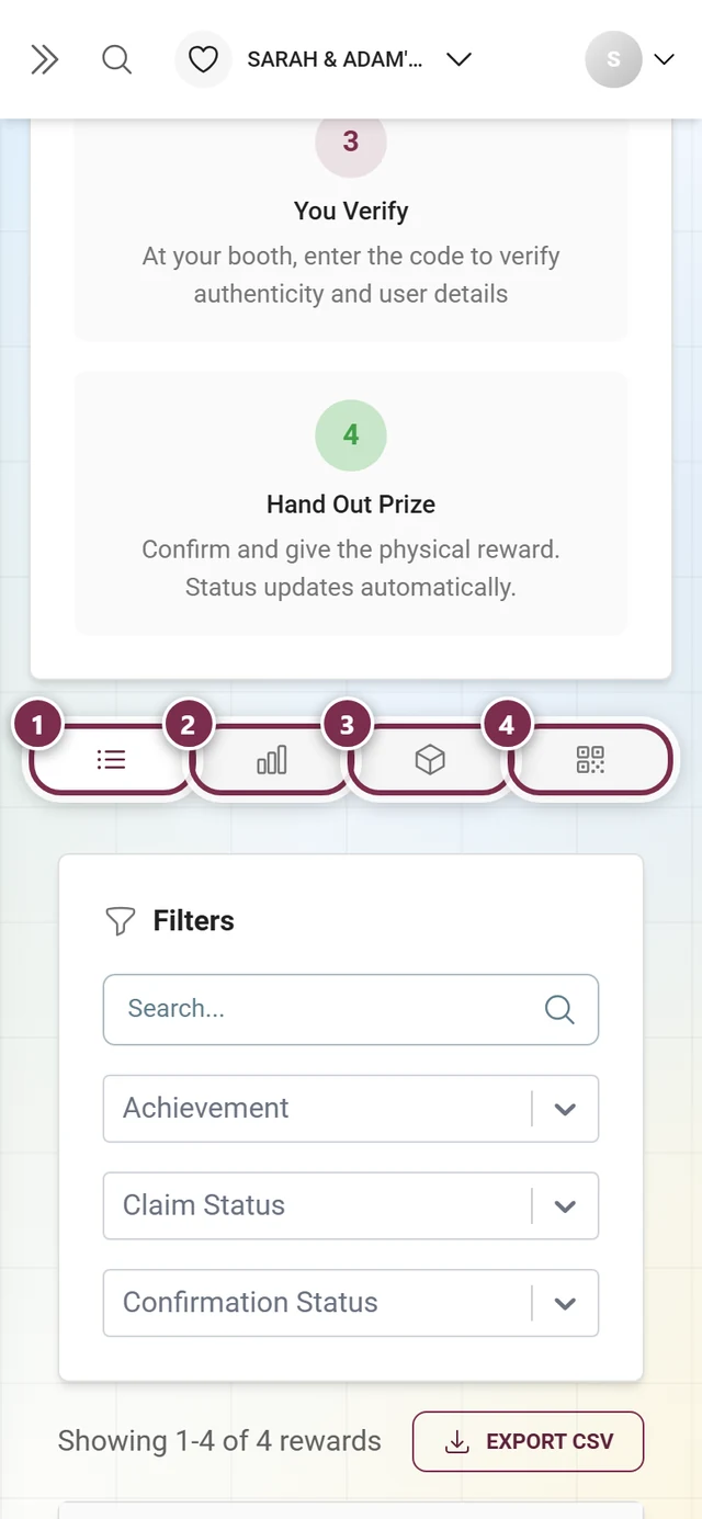 The four tabs of the Real Rewards page highlighted one by one
