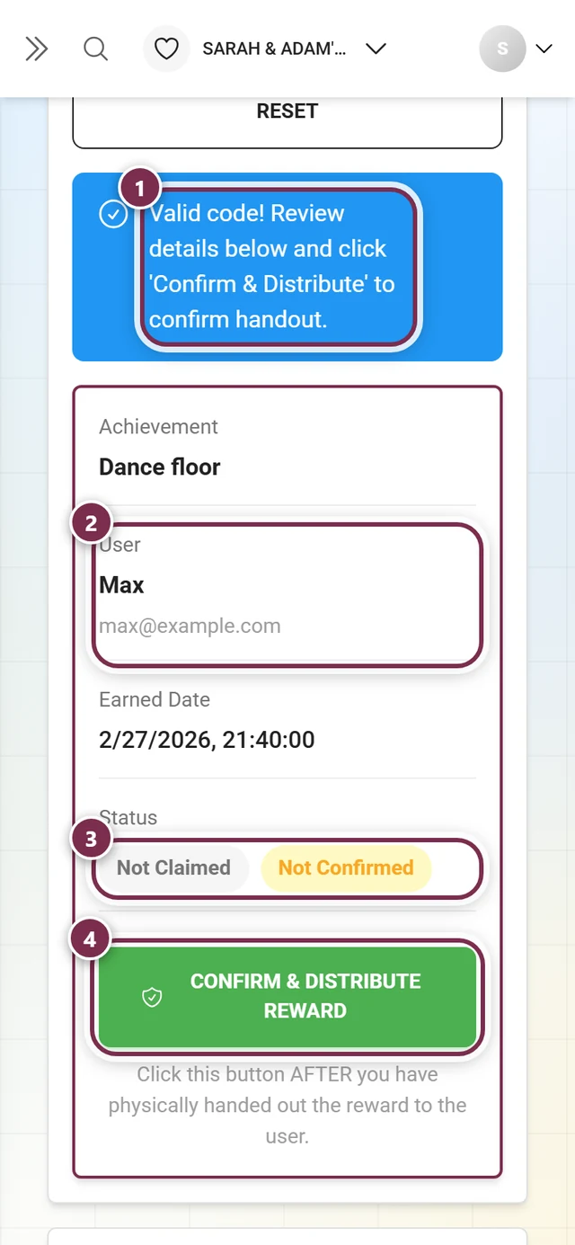 Verify Code tab after a successful check with message, detail card, status chips and the green button highlighted