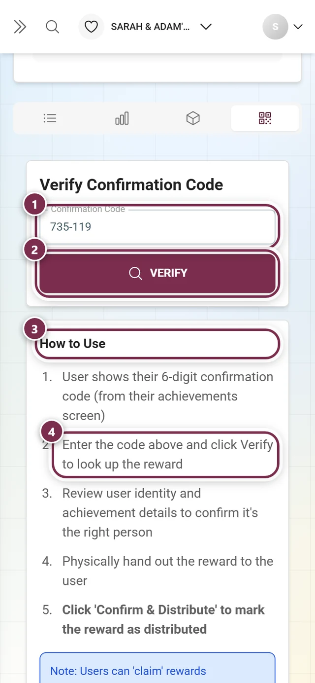 Verify code tab on the host side with a checked code and detail card
