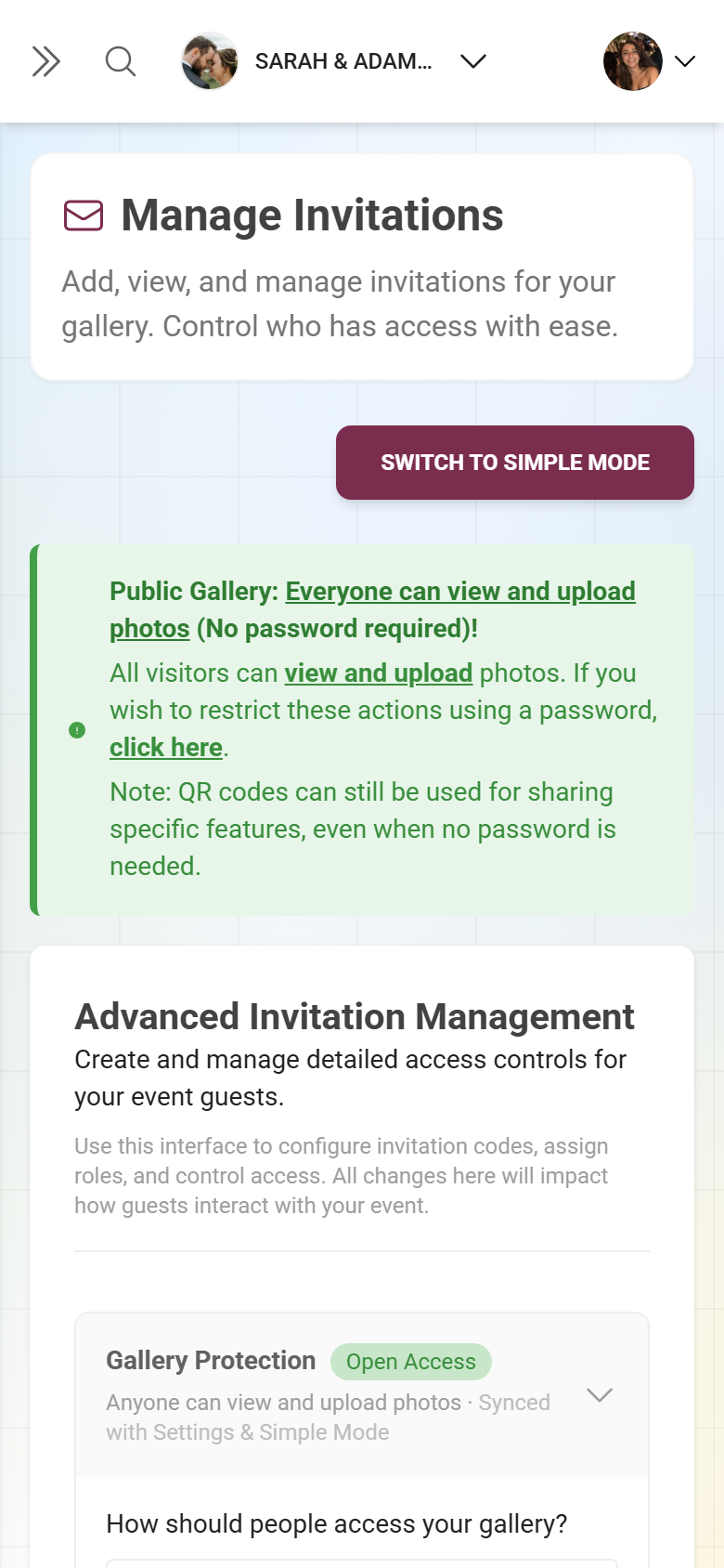 Advanced mode of invitation management with custom roles and permissions