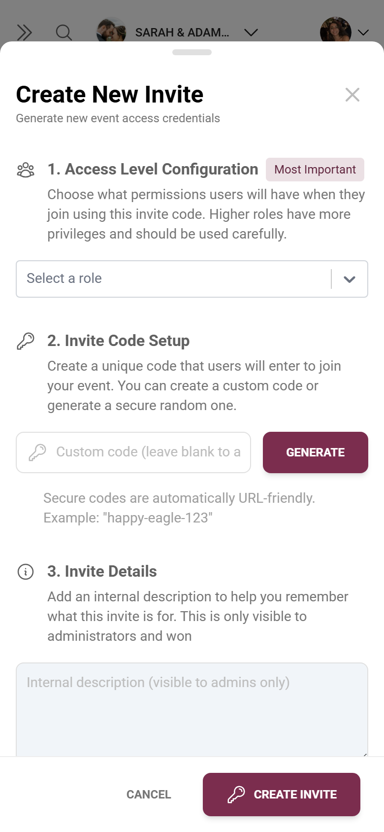 Dialog for creating a custom role with role selection and invite code