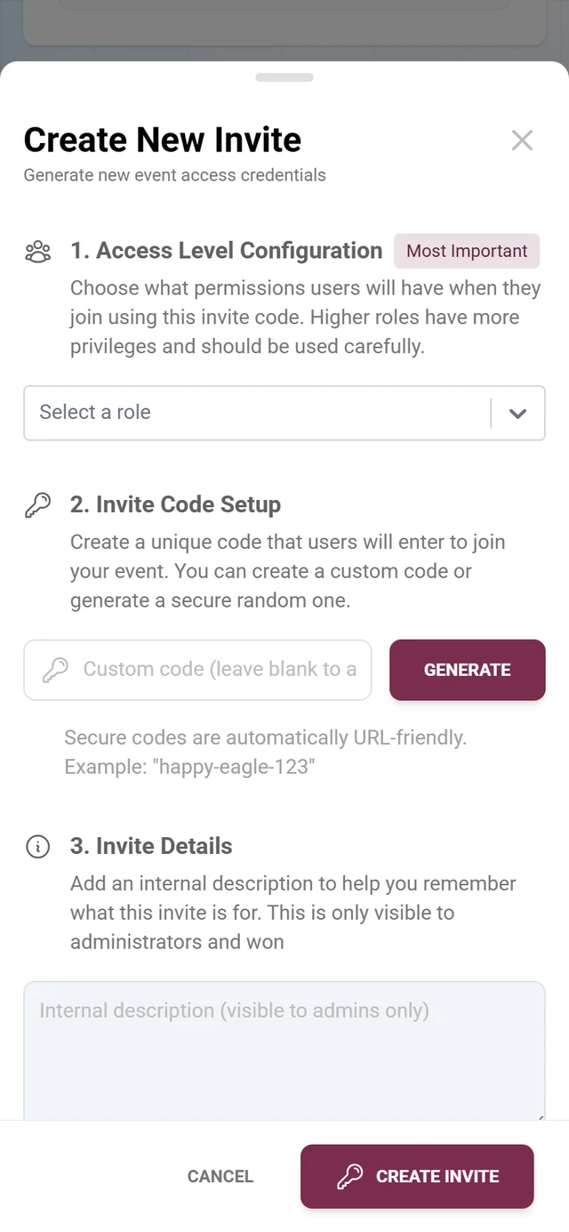 Dialog for creating an invitation with role selection and invite code