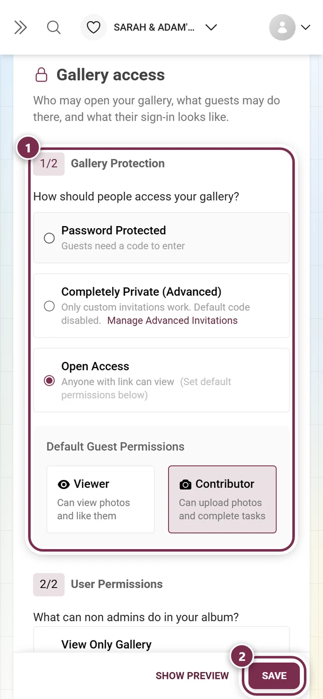 Gallery protection section in the access tab with marker and save bar