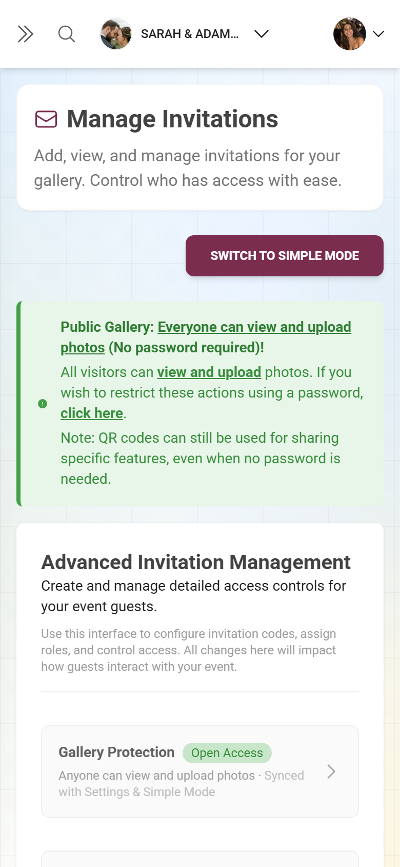 Advanced mode with the table of custom invitation codes, role chips and actions