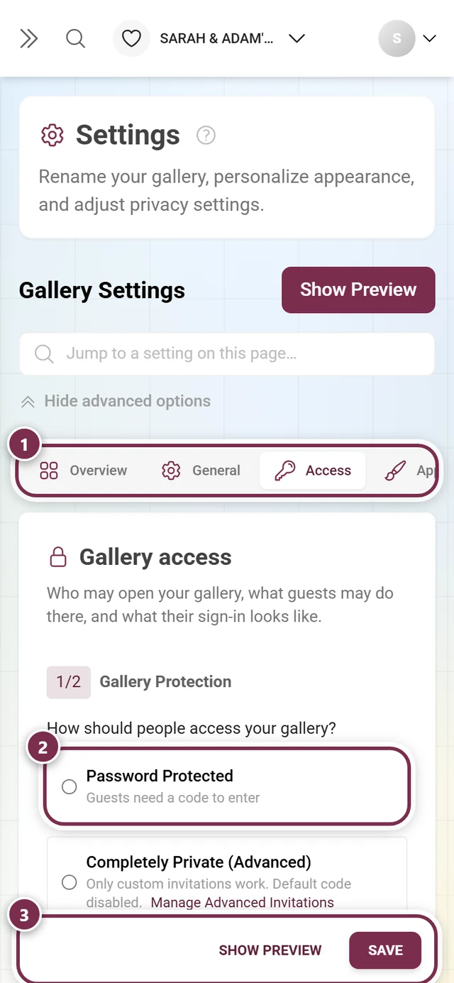The Access tab of the gallery settings with gallery protection, user permissions and invitation codes
