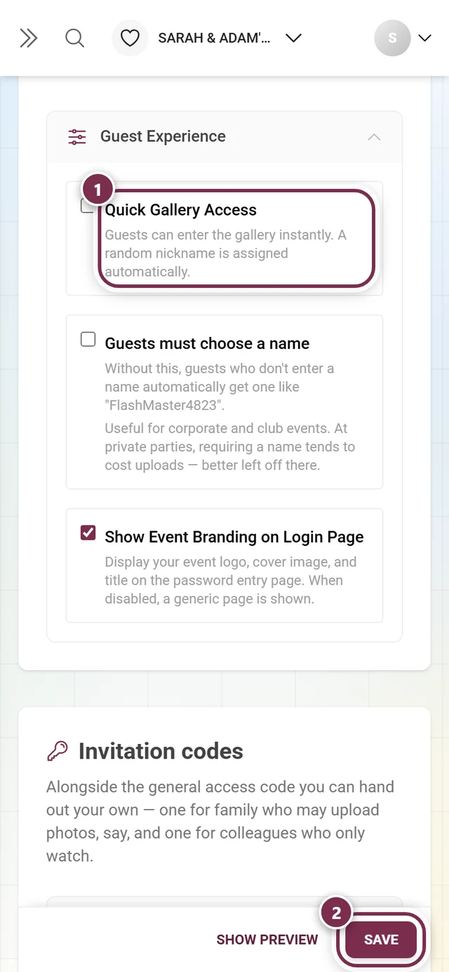Access tab with the Quick Gallery Access row marked and the Save Changes button marked