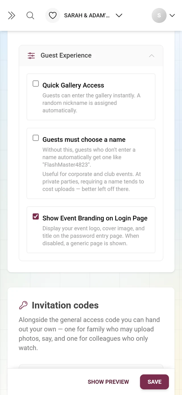 Expanded Guest Experience fold with the Quick Gallery Access, Guests must choose a name and Show Event Branding on Login Page checkboxes