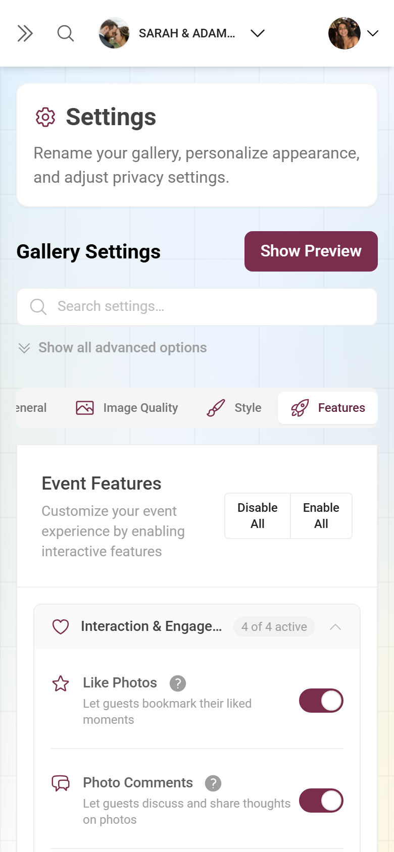 Settings Features tab with feature toggles
