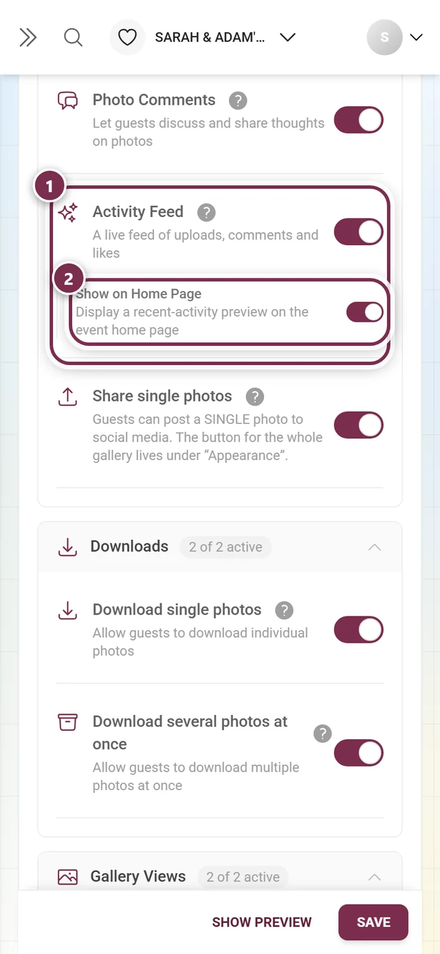 Feature settings with the Activity Feed card highlighted and the Show on Home Page sub-toggle