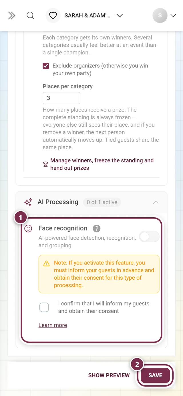 Face recognition feature card with the switch and the save bar marked