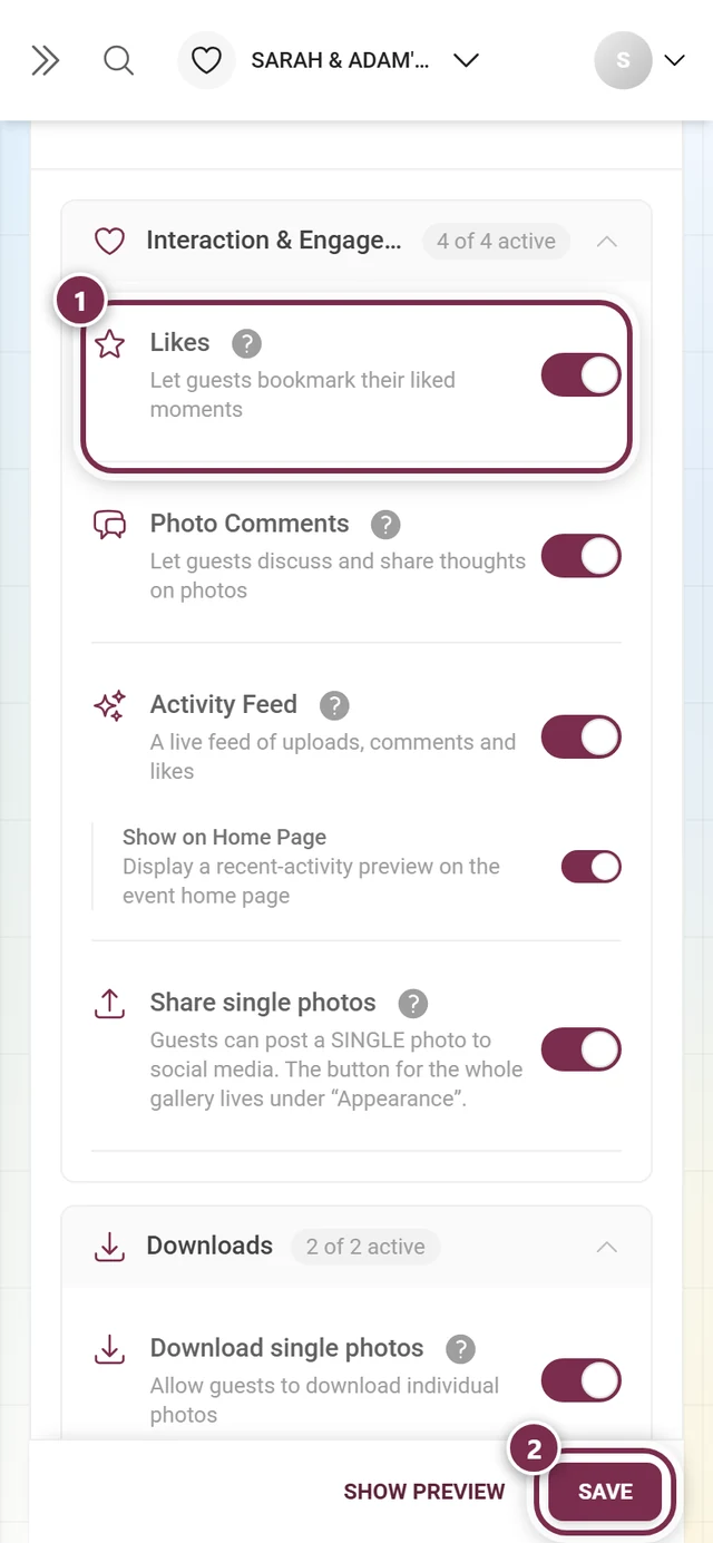 Likes feature card with the switch and the save bar marked