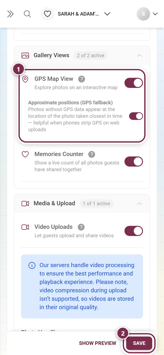 GPS map view feature card with the switch and the save bar marked