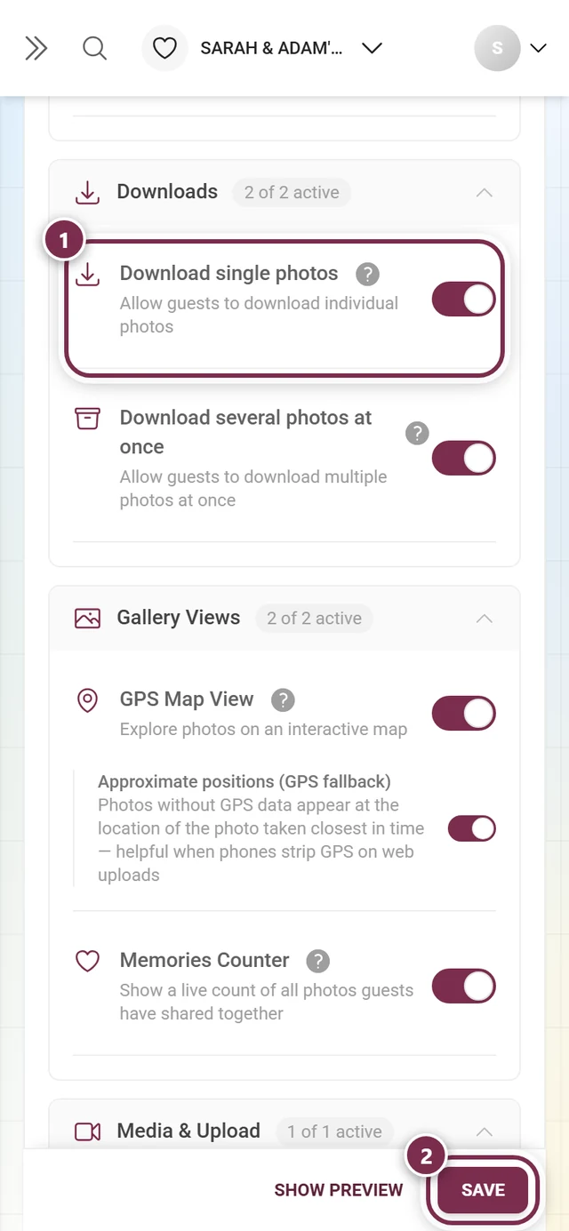 Settings: Features with the Download single photos switch highlighted