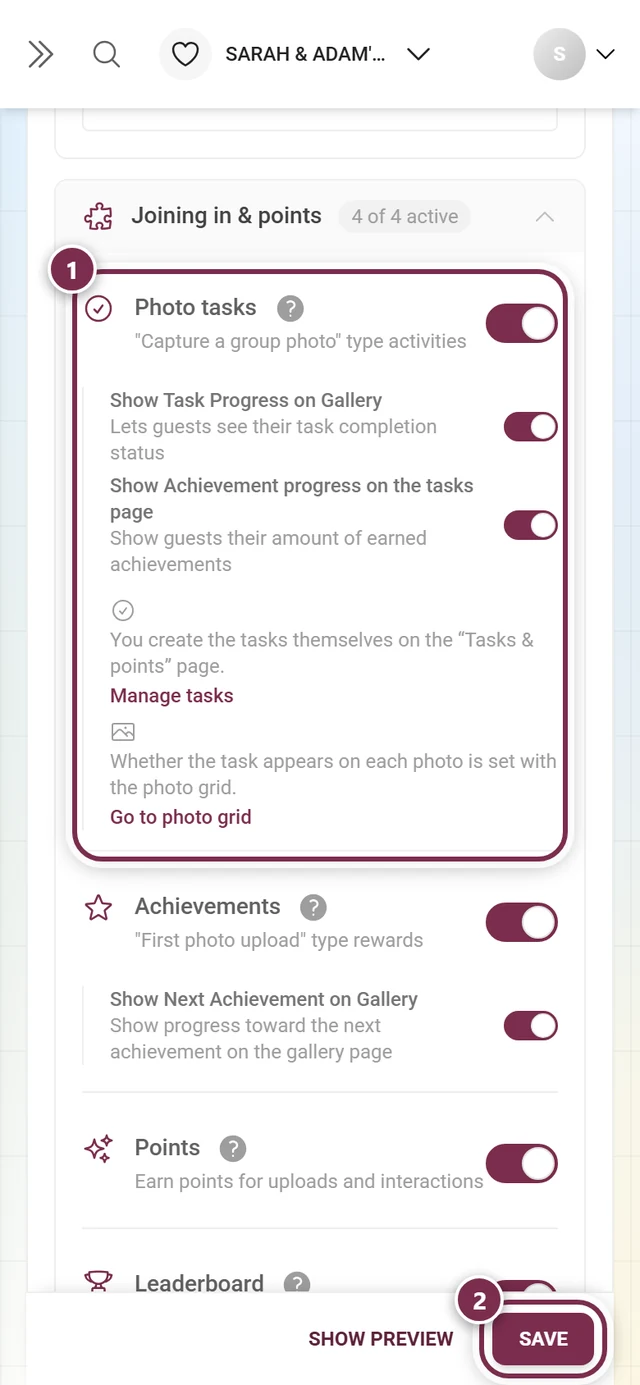 Photo tasks feature card with the switch and the save bar marked