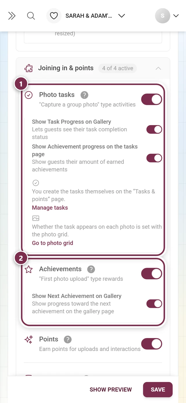 Joining in and points section with photo tasks, achievements, points and leaderboard