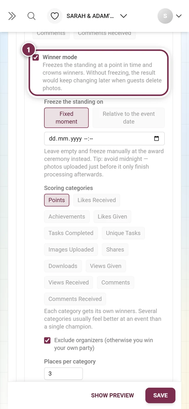 The Winner mode tick box inside the Leaderboard card with its explanatory text