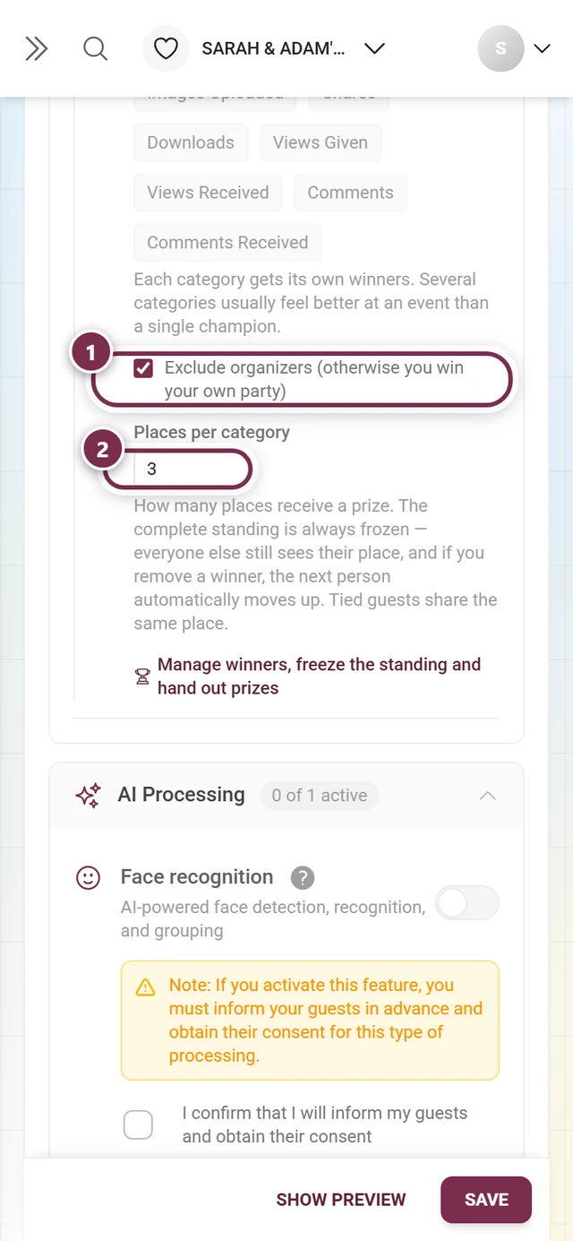 The Exclude organizers tick box and below it the Places per category number field showing 3
