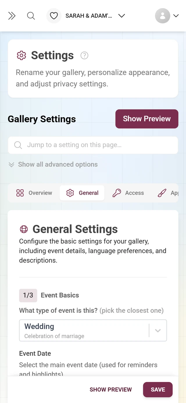 The General tab of the gallery settings with the Event Basics, Language Setup and Gallery Content sections
