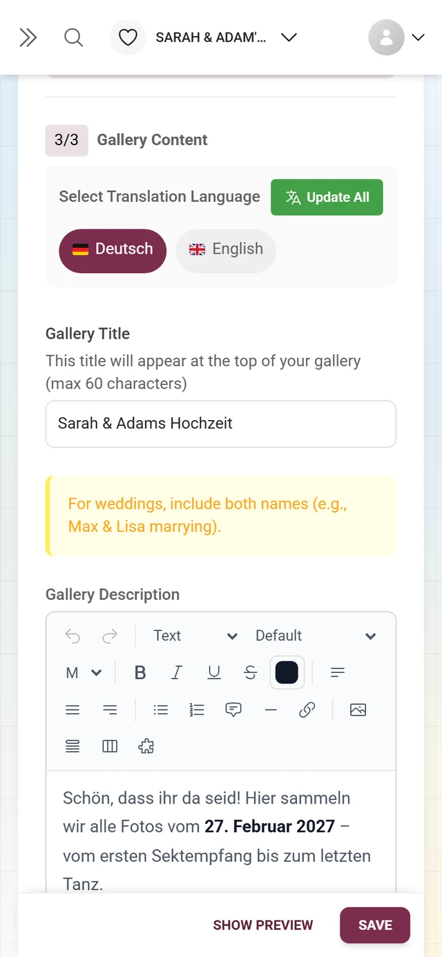 Section 3/3 Gallery content with language switch, gallery title and description