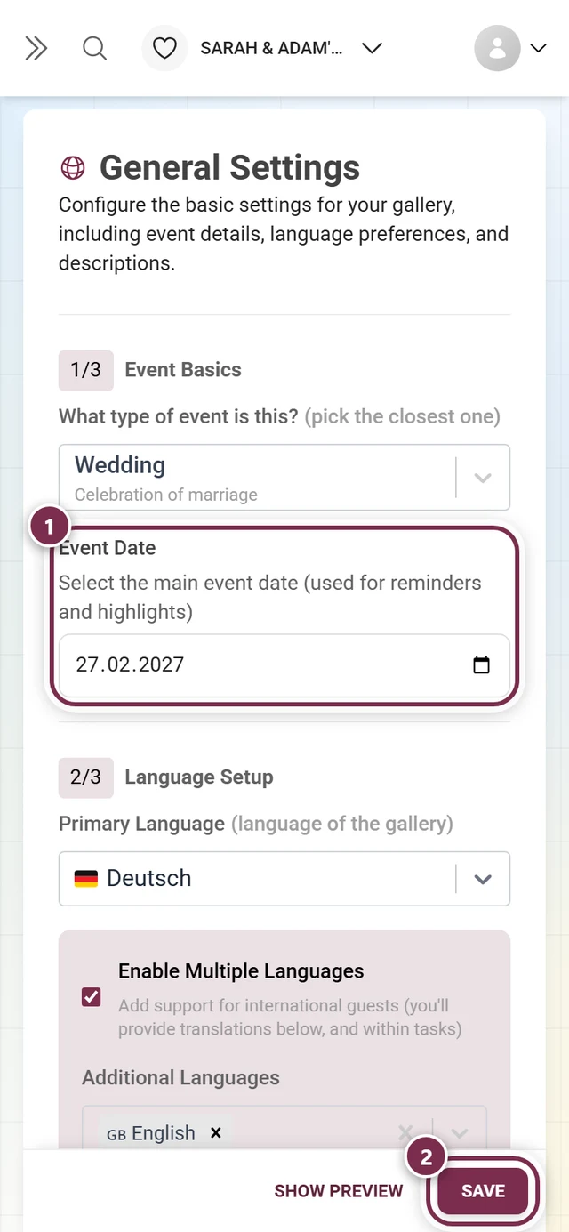 Event date field in the general settings with marker and save bar