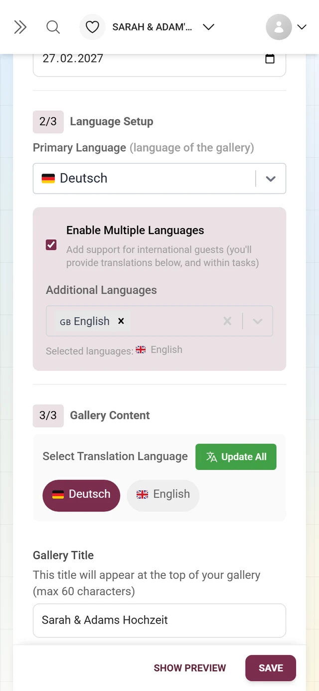 Section 2/3 Language setup with the primary language and English as an extra
