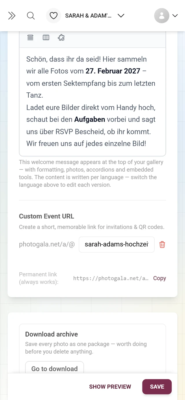 Custom event URL with its input field and the permanent link below