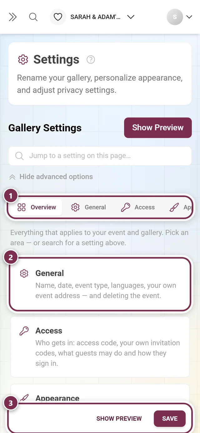 The Overview tab of the gallery settings with one card per area