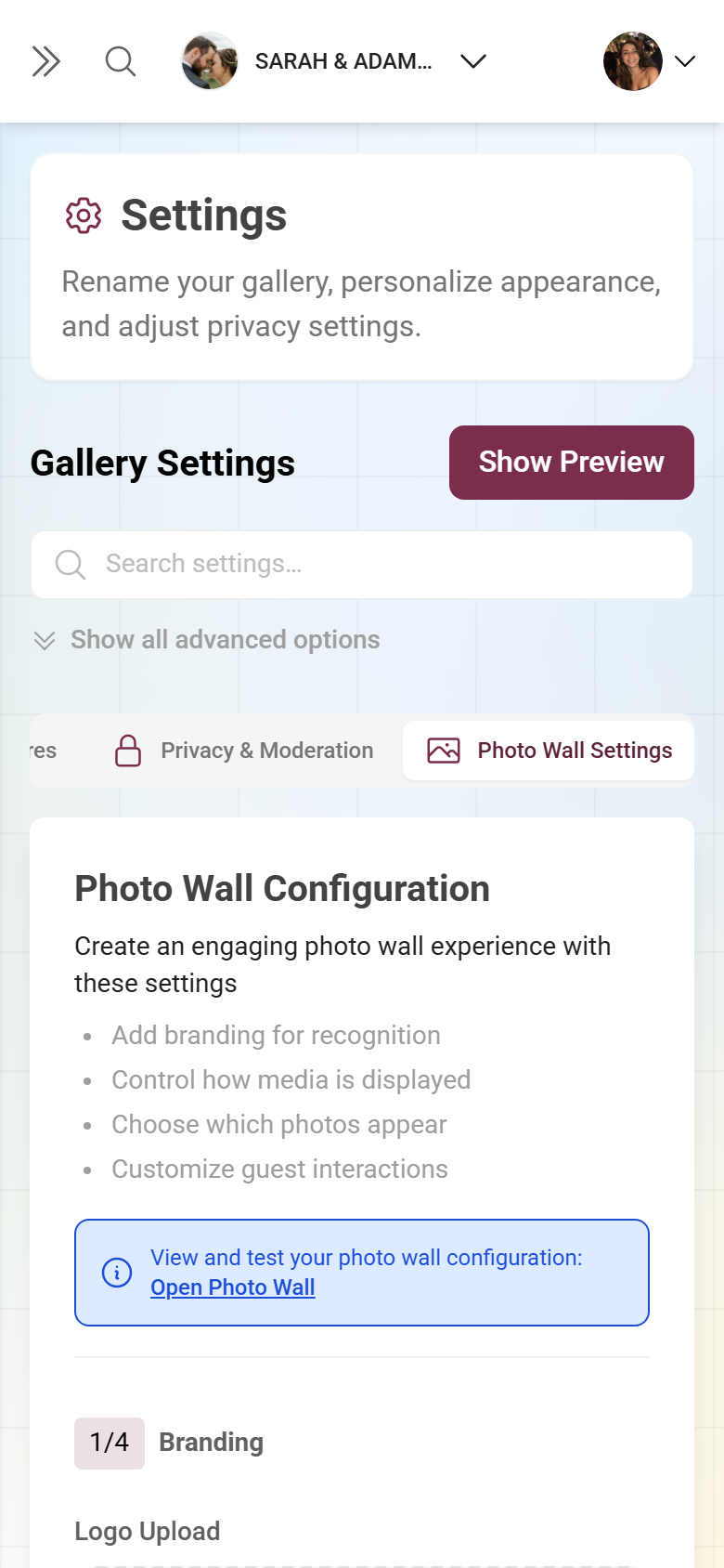 Settings Photo Wall tab with display options